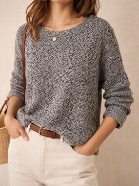 LOFT Textured Knit Sweater Grey Marled Parisian Chic Cotton Pullover